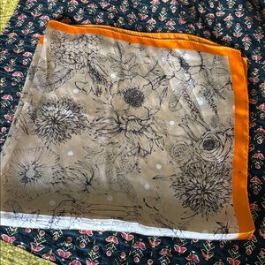 Large silky floral scarf with orange trim 27 inches